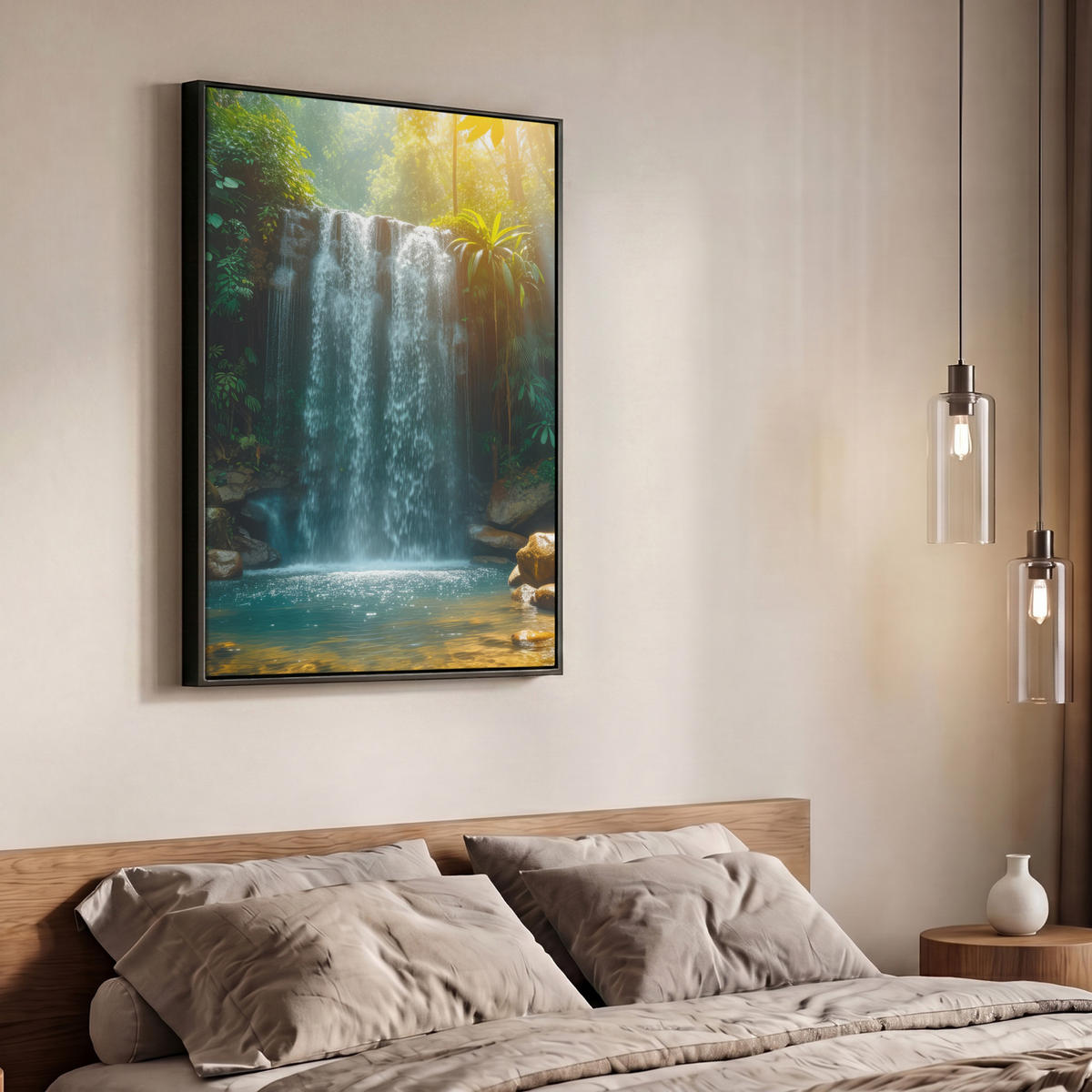 LEINWAND Bilder mit Rahmen - Wasserfall - Dschungel - Sonne - Grün - Natur - 70x100 - Grün, Textil (70/100cm) - MuchoWow