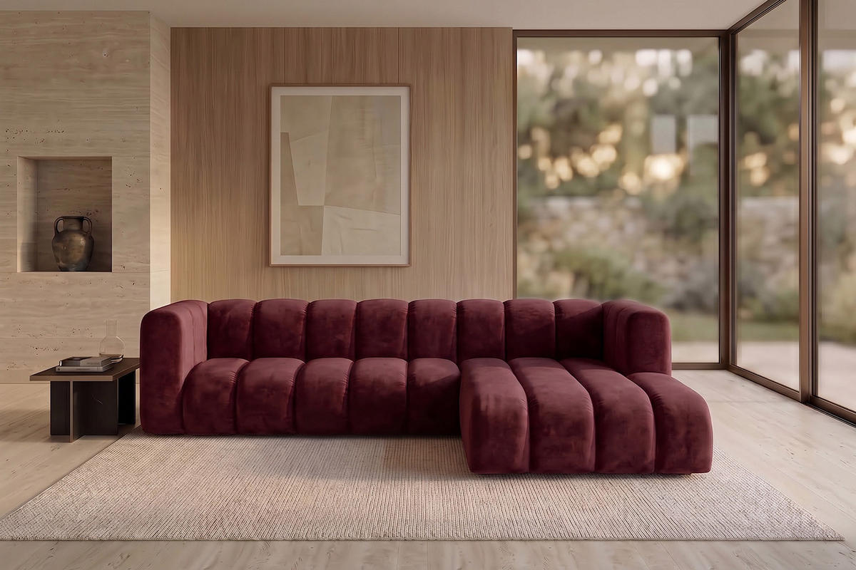 ECKSOFA Modulares In L-Form, Velvet-Stoff Riviera, Rotwein, Rechts, GRAND 287 cm - Dunkelrot, Holz (287/179cm) - Kaiser Möbel