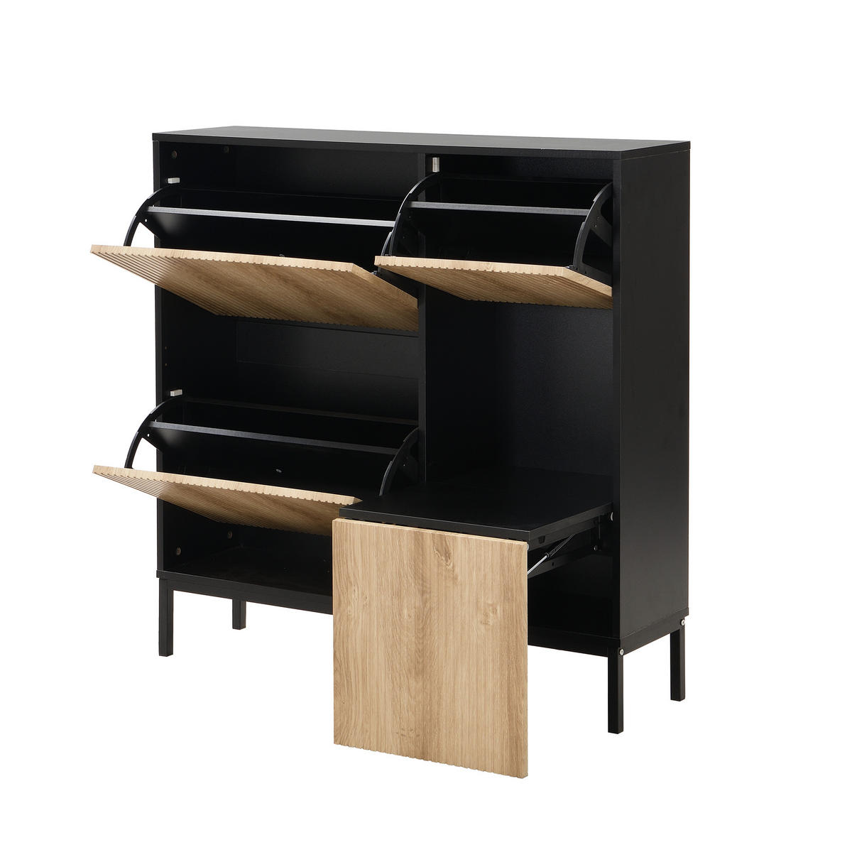 SCHUHSCHRANK 100/25/100 cm mit 3 Klappen, Sitzbank und offener Ablage - Schwarz, Holzwerkstoff (100/100/25cm) - BEAOK