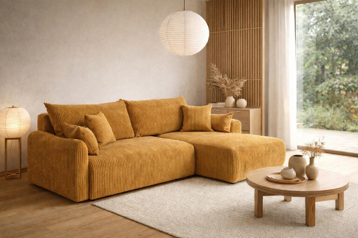 ECKSOFA Mit Schlaffunktion, Cordstoff Poso, Senffarbe, Rechts, JAPANDI - Gelb, Holz (262/145cm) - Kaiser Möbel