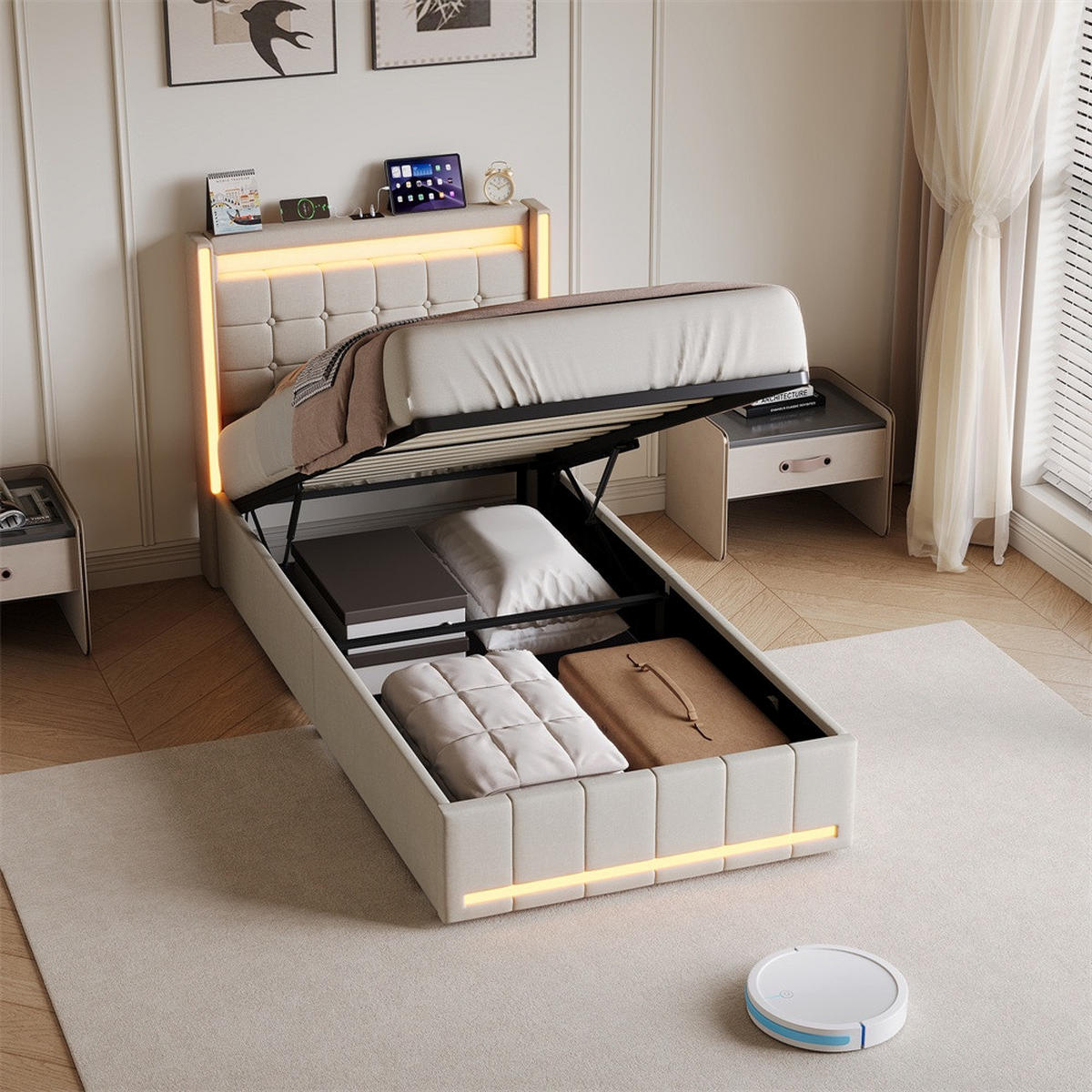 POLSTERBETT 90 x 200 cm mit LED-Beleuchtung an Kopfteil & Fußteil, Ladestation & hydraulischem Stauraum - Beige - Beige, Textil (90/200cm) - DELFA