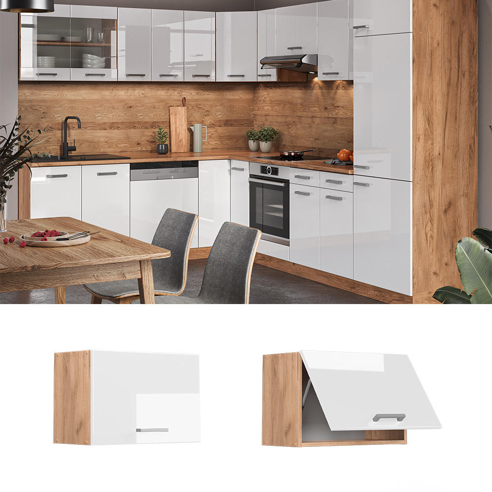 HÄNGESCHRANK R-Line Weiß Hochglanz 60 cm Flach - Weiß Hochglanz/Eiche Wotan, Holzwerkstoff (60/40/31cm) - Vicco