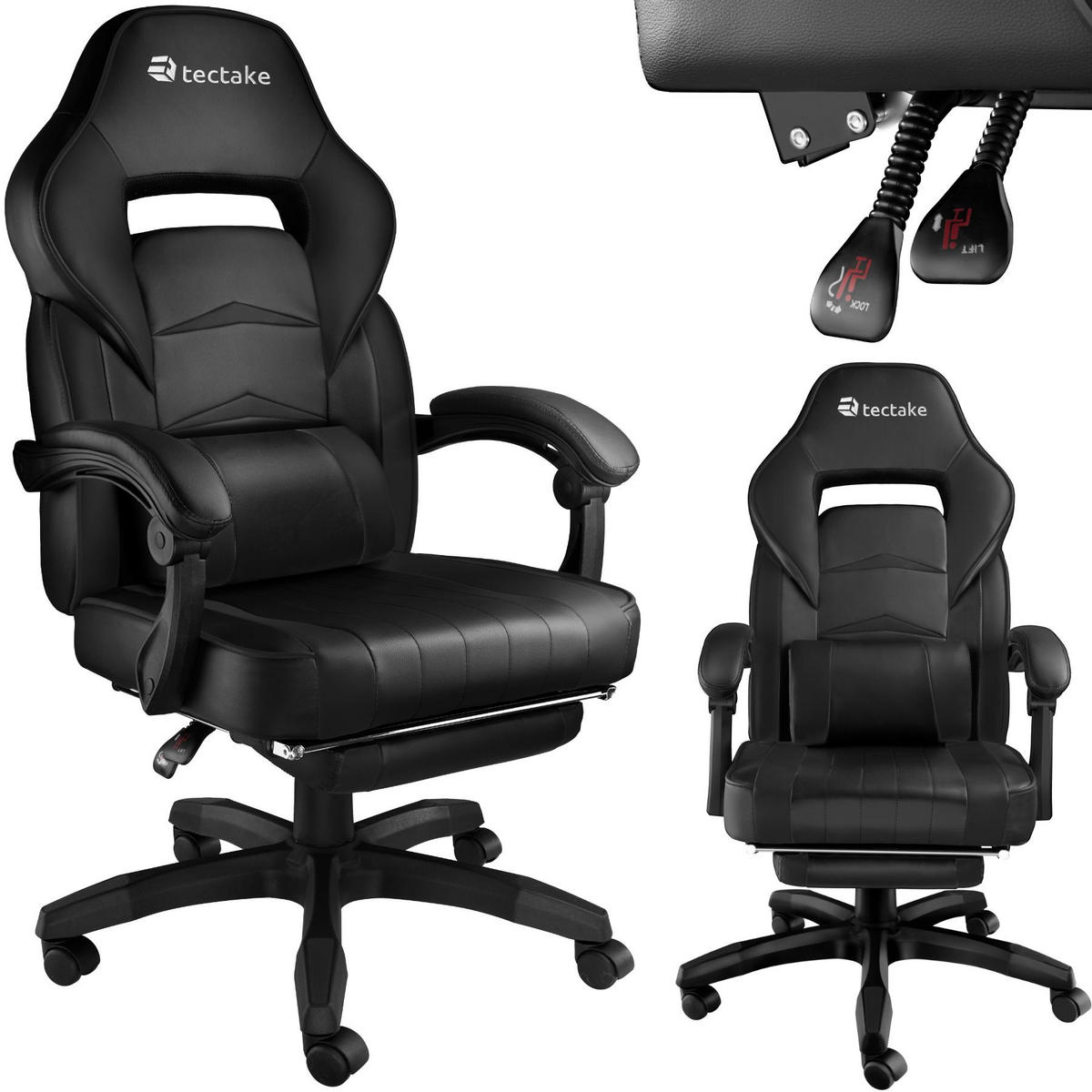 RACING BÜROSTUHL Comodo,inklusive Lendenkissen, Belastbarkeit 120 kg,schwarz/schwarz - Schwarz, Textil (70/127.5/69cm) - tectake