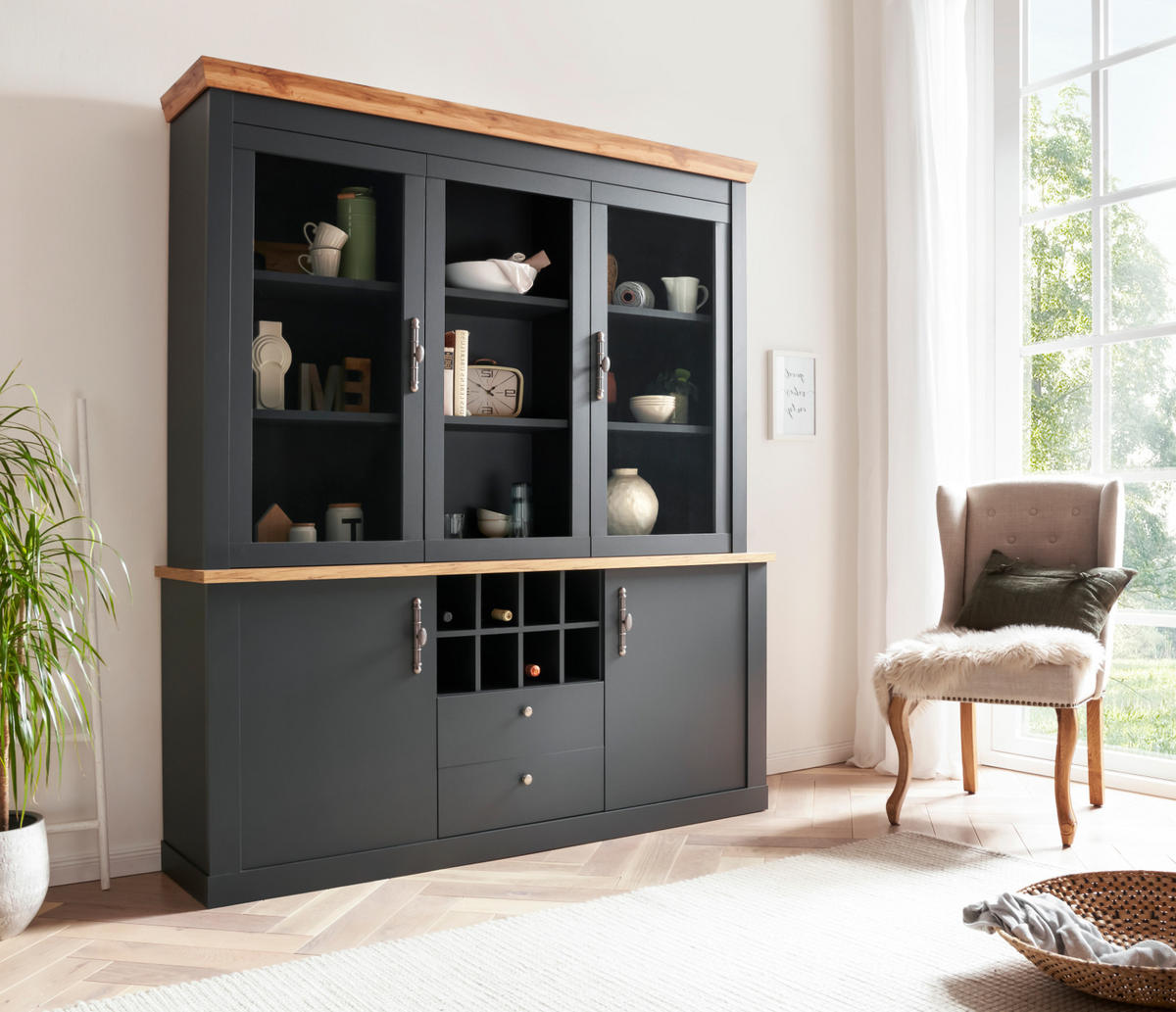 BUFFETSCHRANK grau, Wotan Eiche Landhaus, Vitrinenschrank mit Soft-Close-Funktion - Silberfarben/Eiche Wotan, Glas/Holzwerkstoff (184/205/44cm) - Furn.Design