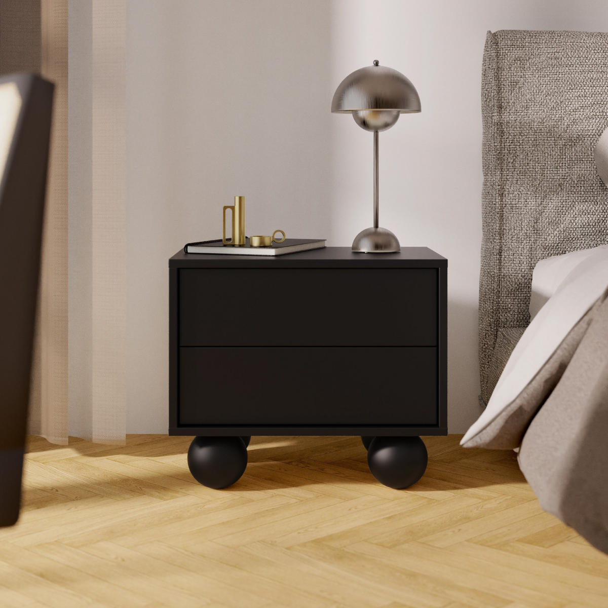 NACHTTISCH Adel mit 2 Schubladen und runden Füßen, 54 cm, Griffloss, Schwarz - Schwarz, Holzwerkstoff (54/35/38cm) - Beautysofa