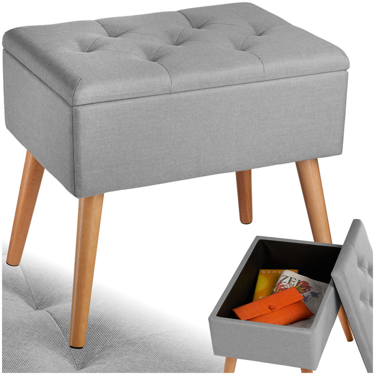 SITZBANK Ranya,51 x 37,5 x 45,5 cm,hellgrau - Hellgrau, Holz (37.5/45.5/51cm) - tectake