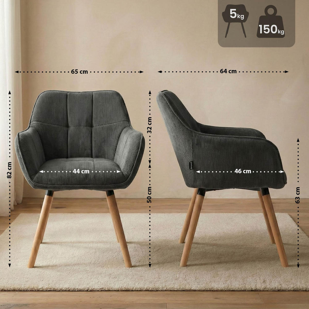 ESSZIMMERSTUHL Cord Dunkelgrau - Eukalyptusholzfarben/Dunkelgrau, Holz/Textil (65/82/64cm) - CLP