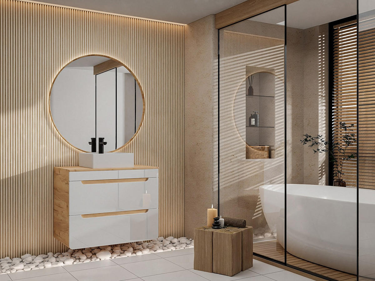 WASCHBECKENUNTERSCHRANK hängend mit Platte - 80 cm - Holzfarben hell & Weiß - ARUBA - Naturfarben, Holz (80/59/46cm) - Vente-Unique