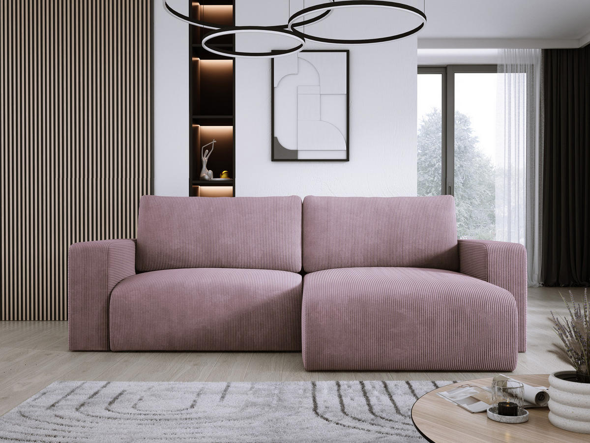 ECKSOFA Carl L-förmig Schlaffunktion und Bettkasten weicher Cordstoff flexibel stellbar lose Rückenkissen freistehend LINKS 143x247x83cm Light rose - Hellrosa, Holz/Textil (143/247cm) - DomoHome