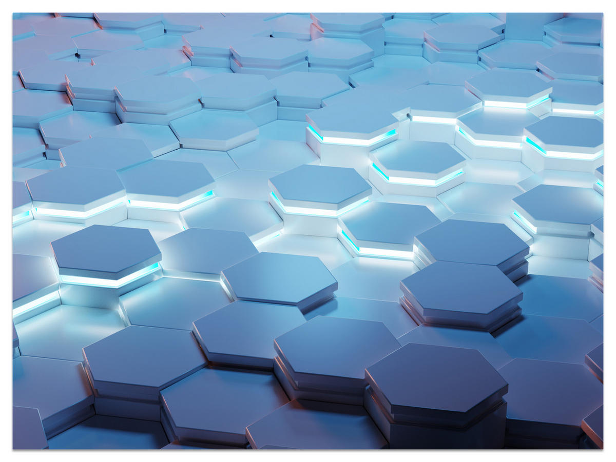 FOTOTAPETE für Jugendzimmer Blaue Neon Hexagone Formen Geometrie 400x280 - Blau/Weiß, Papier (400/280cm) - Muralo