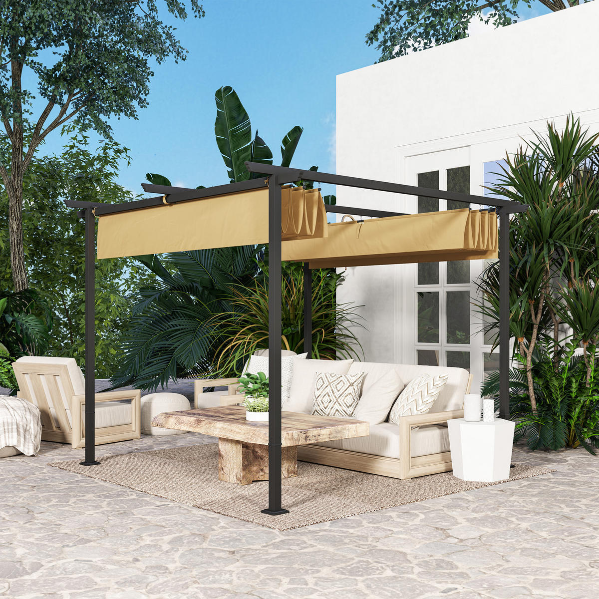 3 x 3 m Garten-Pergola mit verstellbarem Dach, Metallrahmen, UPF30+ Schutz, Sonnendach für Veranda, Terrasse, Beige - Beige, Metall (300/227/300cm)