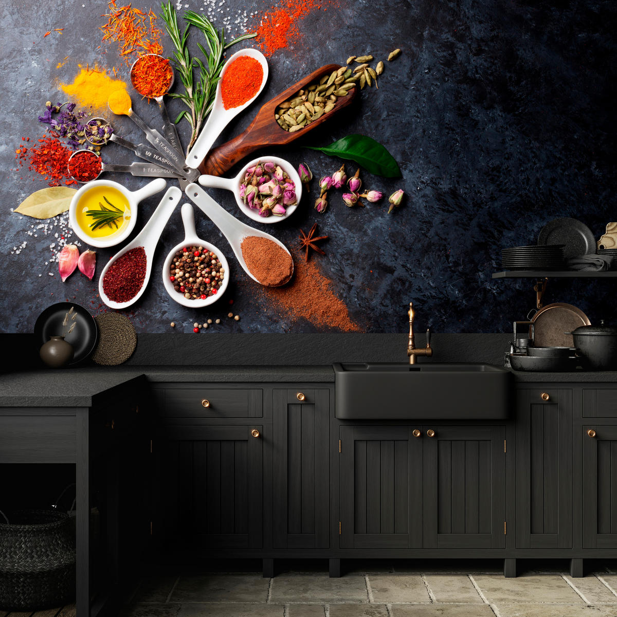 FOTOTAPETA Pre Kuchyňu Orientálne Bylinky Korenie Lyžice 150 x 105 cm - oranžová/hnedá, papier (150/105cm) - Muralo