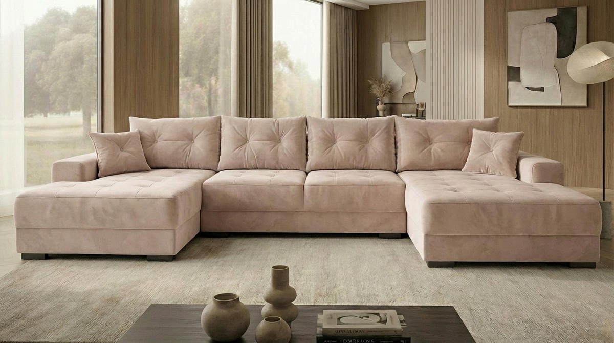 ECKSOFA MODENA 320 cm x 185 cm – Stoff: VELUTTO Beige 2 Farbe: Beige - Beige, Textil (320/185cm) - A&J MöbelLand