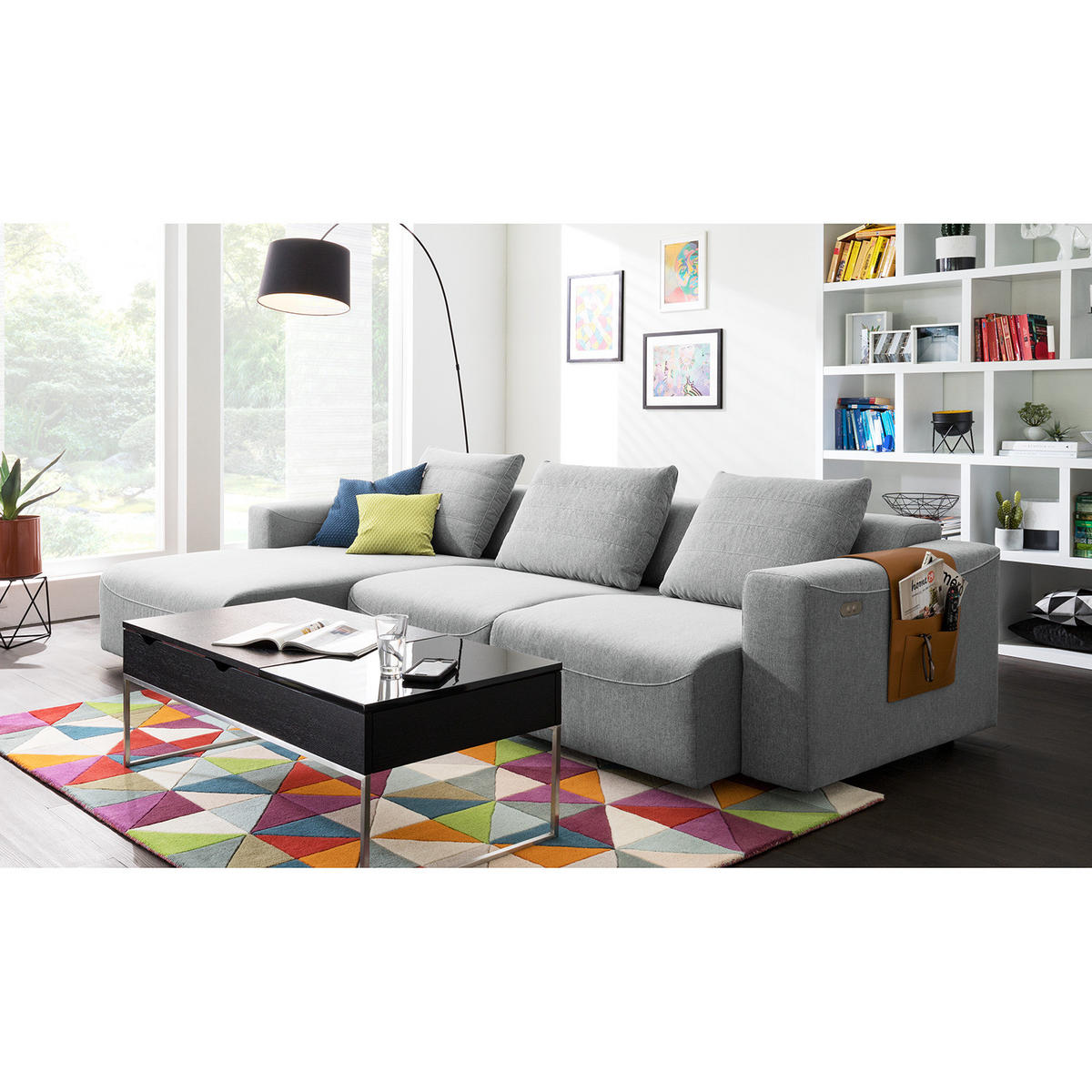 2,5-SITZER ECKSOFA mit Longchair - Webstoff - Hellgrau/Schwarz, Kunststoff/Textil (286/170cm) - home24