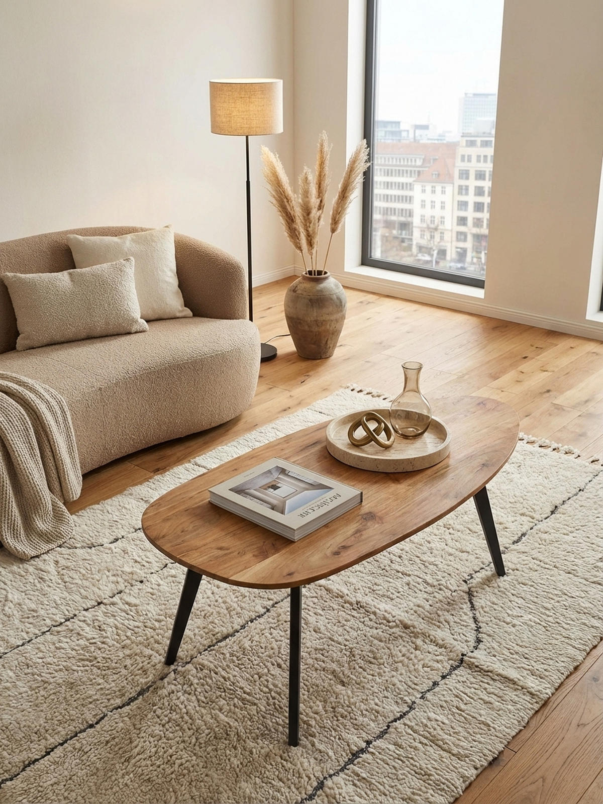 COUCHTISCH in Nierenform aus Akazie Massivholz mit stabilen Metallbeinen - Beige/Anthrazit, Holz/Metall (60/110/45cm) - KADIMA DESIGN