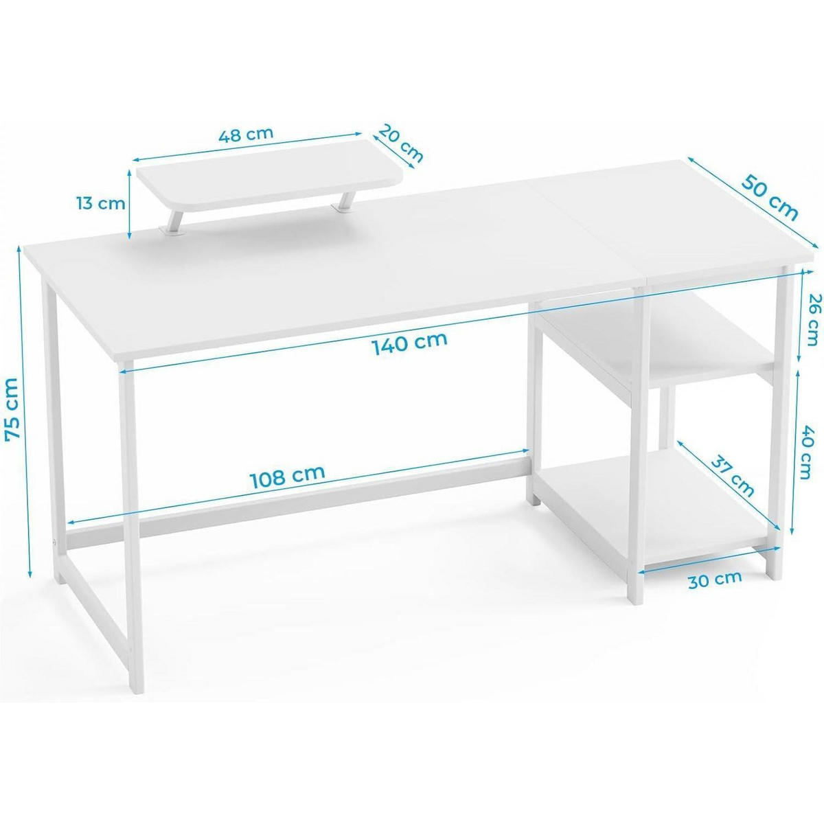 SCHREIBTISCH mit Stauraum und Monitorständer 140 cm Reinweiß - Weiß, Holzwerkstoff (50/140/75cm)