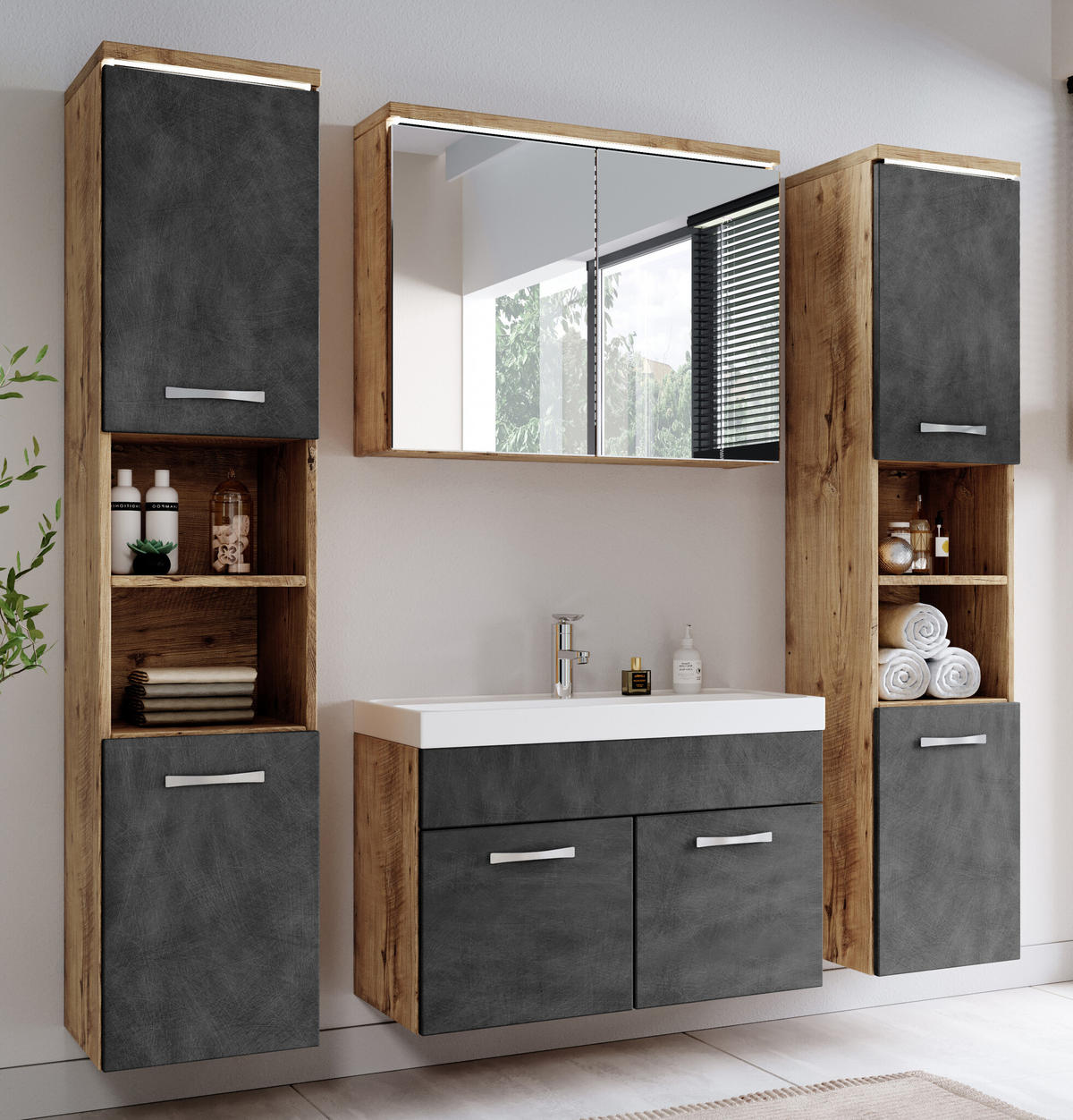 BADMÖBEL-SET Paso LED 5 Teile Kastanien Eiche / Grau - 80 x 35 x 55 cm - Eichefarben/Grau, Holz (80/55/40cm) - Badplaats