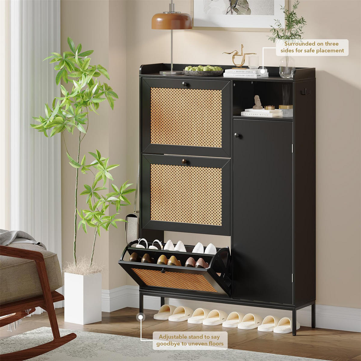 SCHUHSCHRANK Holzoptik mit 3 Klappen - Schwarz, Holz (90/131/12.5cm) - Kaket