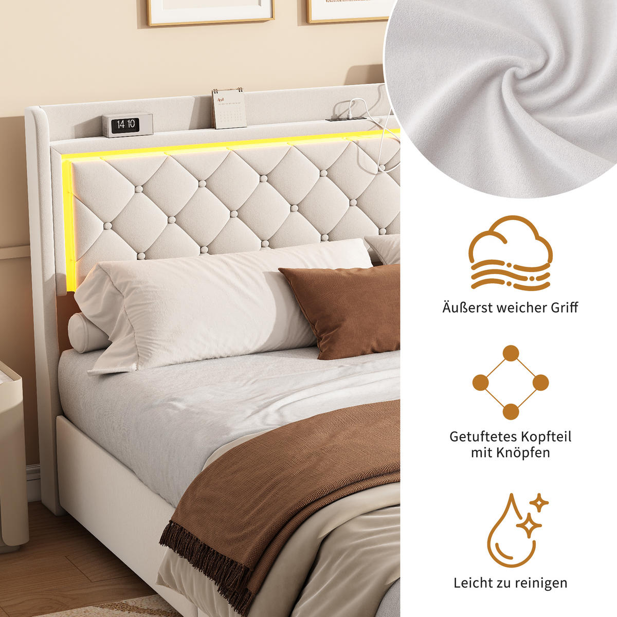 POLSTERBETT 140x200 cm, Stauraumbett mit 4 Schubladen, LED & USB/Type-C, Flauschstoff in Beige - Beige, Holz (140/200cm) - BRILVERDE