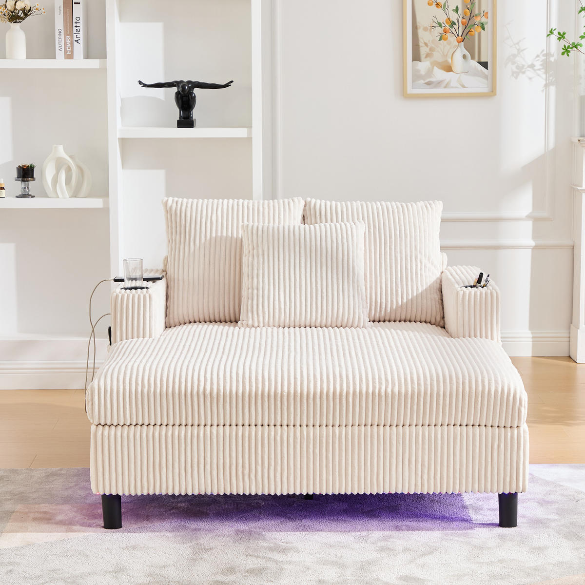 CHAISELONGUE Cord Beige mit USB, LED und Getränkehalter - Beige, Holzwerkstoff/Kunststoff (128/85/142cm) - WISHDOR