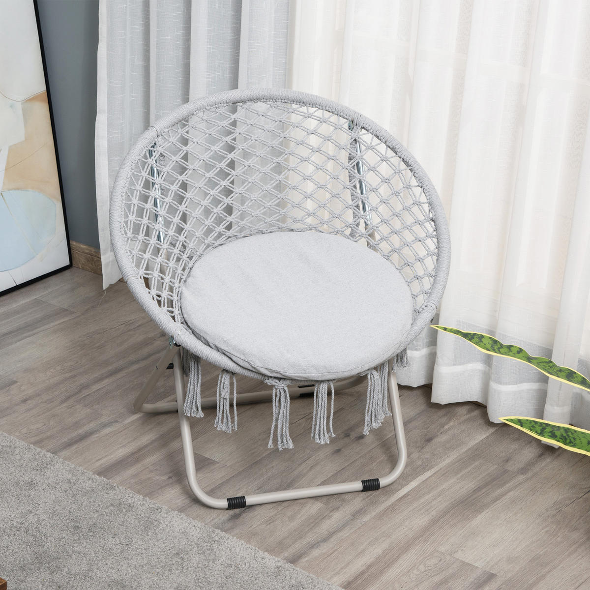 GARTENKLAPPSESSEL DE-17764 mit Makramee-Fransen Grau - Grau, Metall (64/78/77cm) - ComfortXL