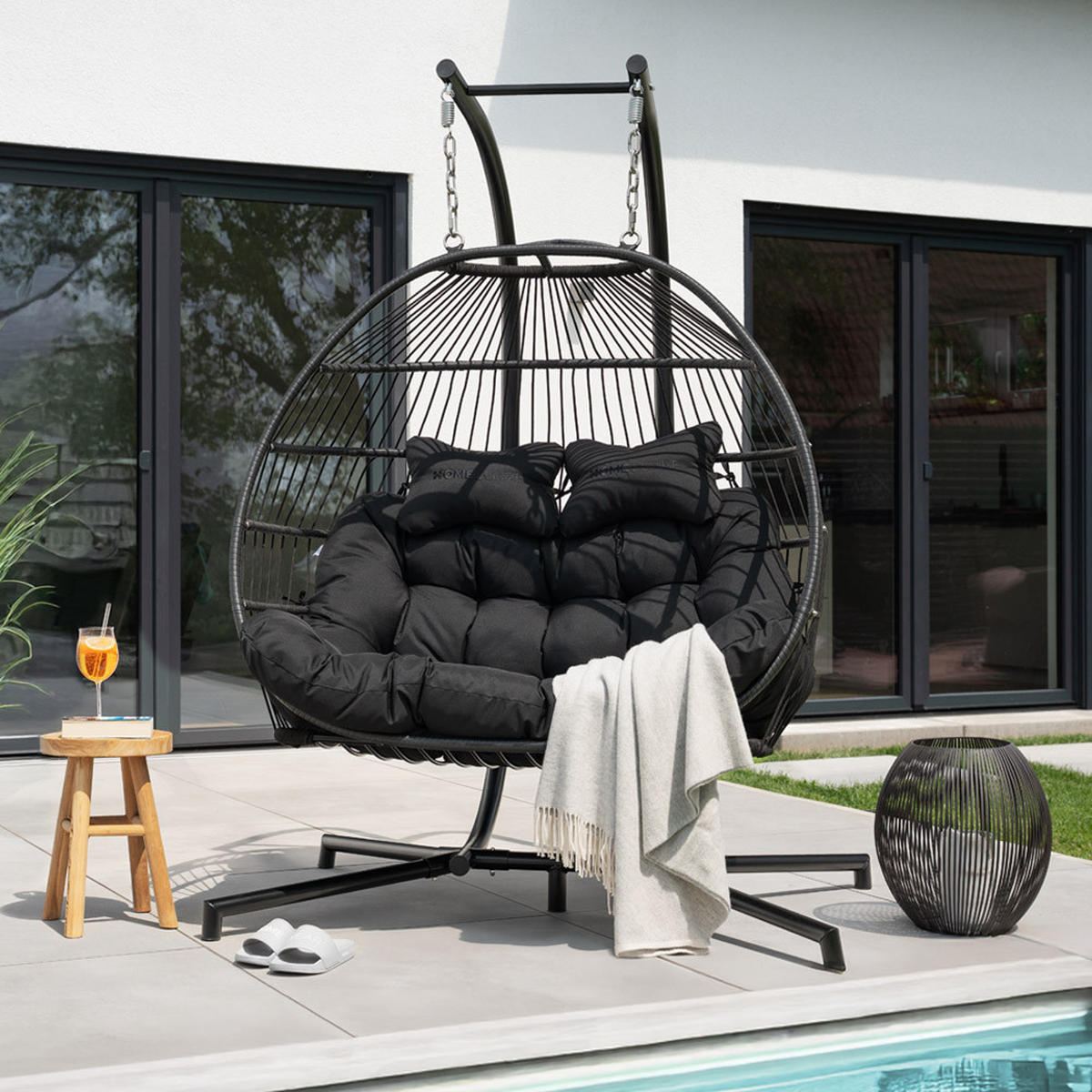 FALTBARER HÄNGESESSEL LOMA - Schwarz, 2-Sitzer - Schwarz, Kunststoff (130/123/69cm) - Home Deluxe