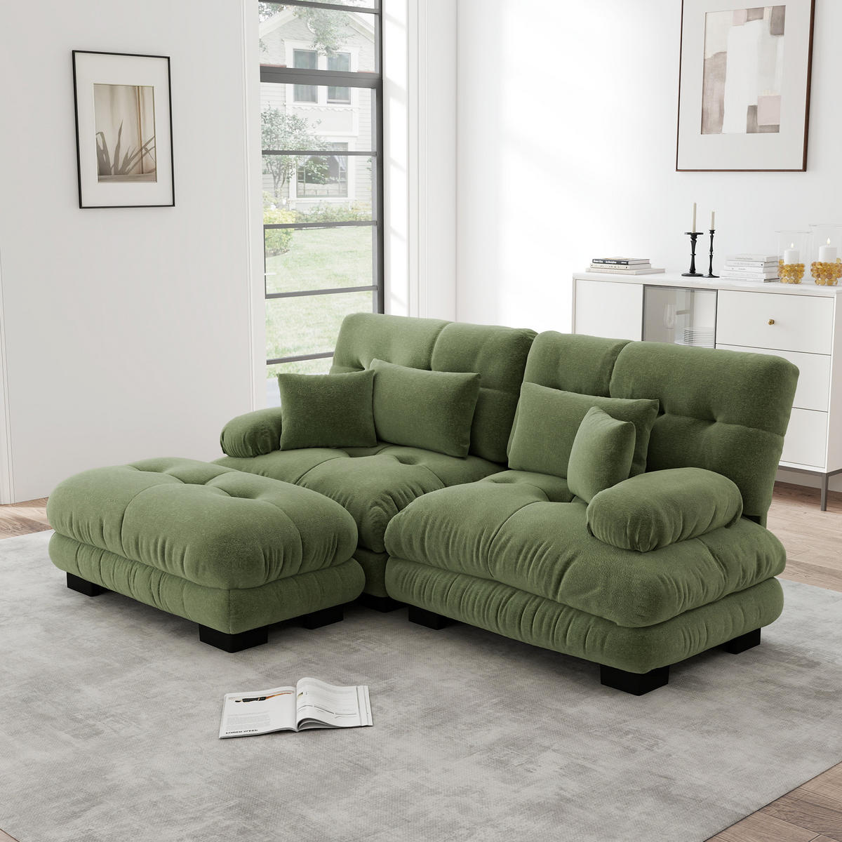 ECKSOFA aus Chenille 145x220x81 cm in Grün mit Ottomane & Kissen - Grün, Textil (145/81/220cm) - Modfu