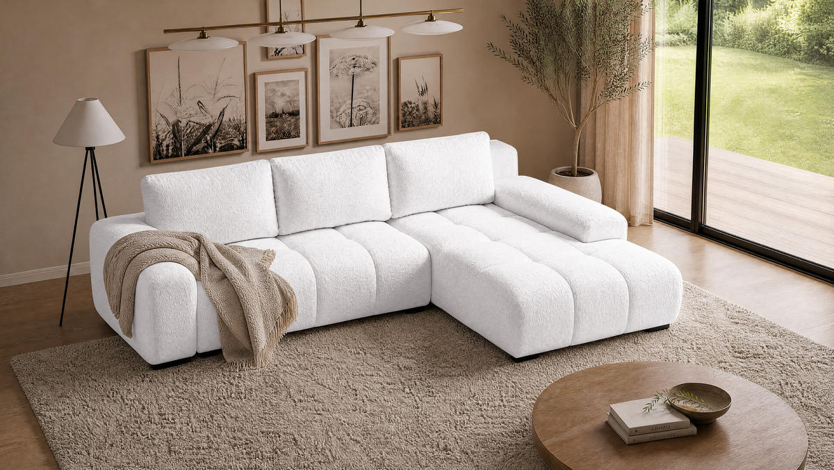 ECKSOFA Ovia mit Bettkasten und Schlaffunktion, Bouclé-Stoff in L-Form - Weiß, Textil (270/185cm)