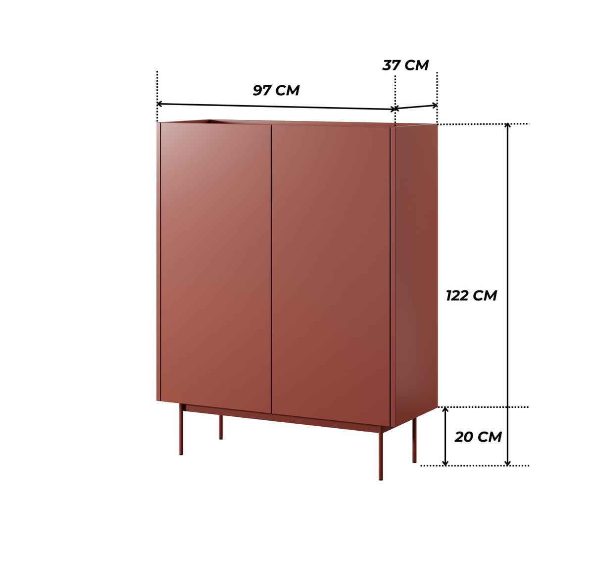 MODERNE Hochkommode LUMO KW2D (Ceramic Red, Eiche Linea, Metallfüße, Soft-Close) - Eichefarben/Rot, Holz/Holzwerkstoff (97/122/37cm) - Ravio