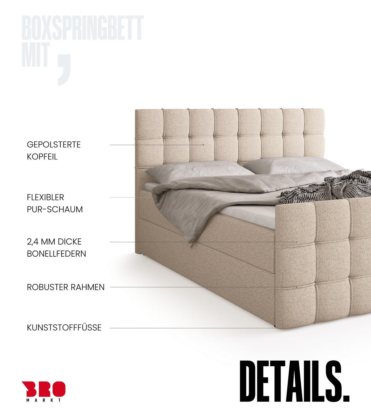 BOXBETT Detroit Duo mit Topper 180/200 Hellbeige - Ecru, Textil (180/200cm) - Bromarkt