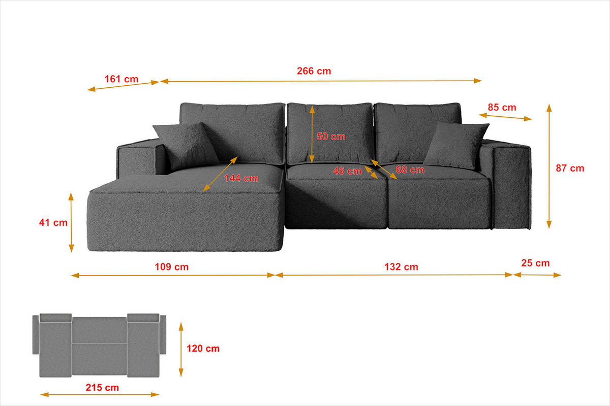 ECKSOFA mit Schlaffunktion und Bettkasten SERRA-L-S - 266x161x87 cm Grau Bouclé - Schwarz/Grau, Holzwerkstoff/Kunststoff (266/161cm) - ALTDECOR