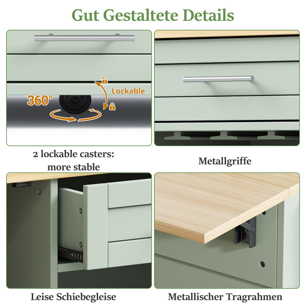 KÜCHENINSEL DE-41327 138/45-70/92 cm mit Weinregal und Glashalter Grün - Grün, Holzwerkstoff (138/92/70cm) - ComfortXL