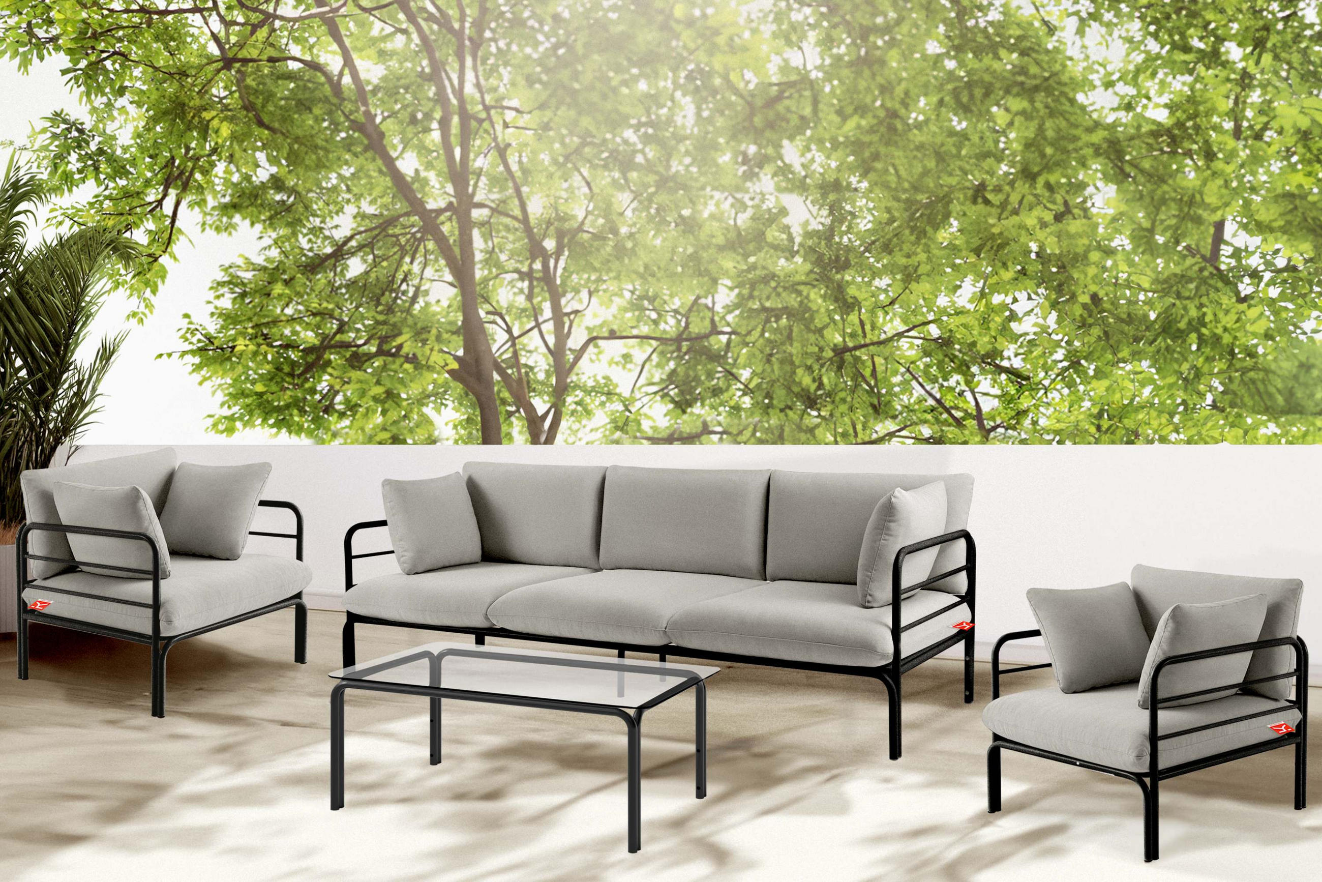 GARTENMÖBELSET RAMBE 4-tlg. 1x Tisch 2x Sessel 1x Sofa 3-Sitzer, mit Auflage, Stahlrahmen, LOFT-STIL, Anthrazit/Hellgrau - Dunkelgrau/Hellgrau, Textil/Metall - KONSIMO®