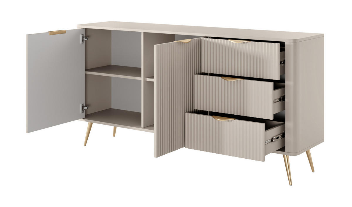 KOMMODE 2 Türen Brando 163 cm, 3 Schubladen, Beige - Beige/Goldfarben, Holz/Metall (163/81/38cm) - Emporius