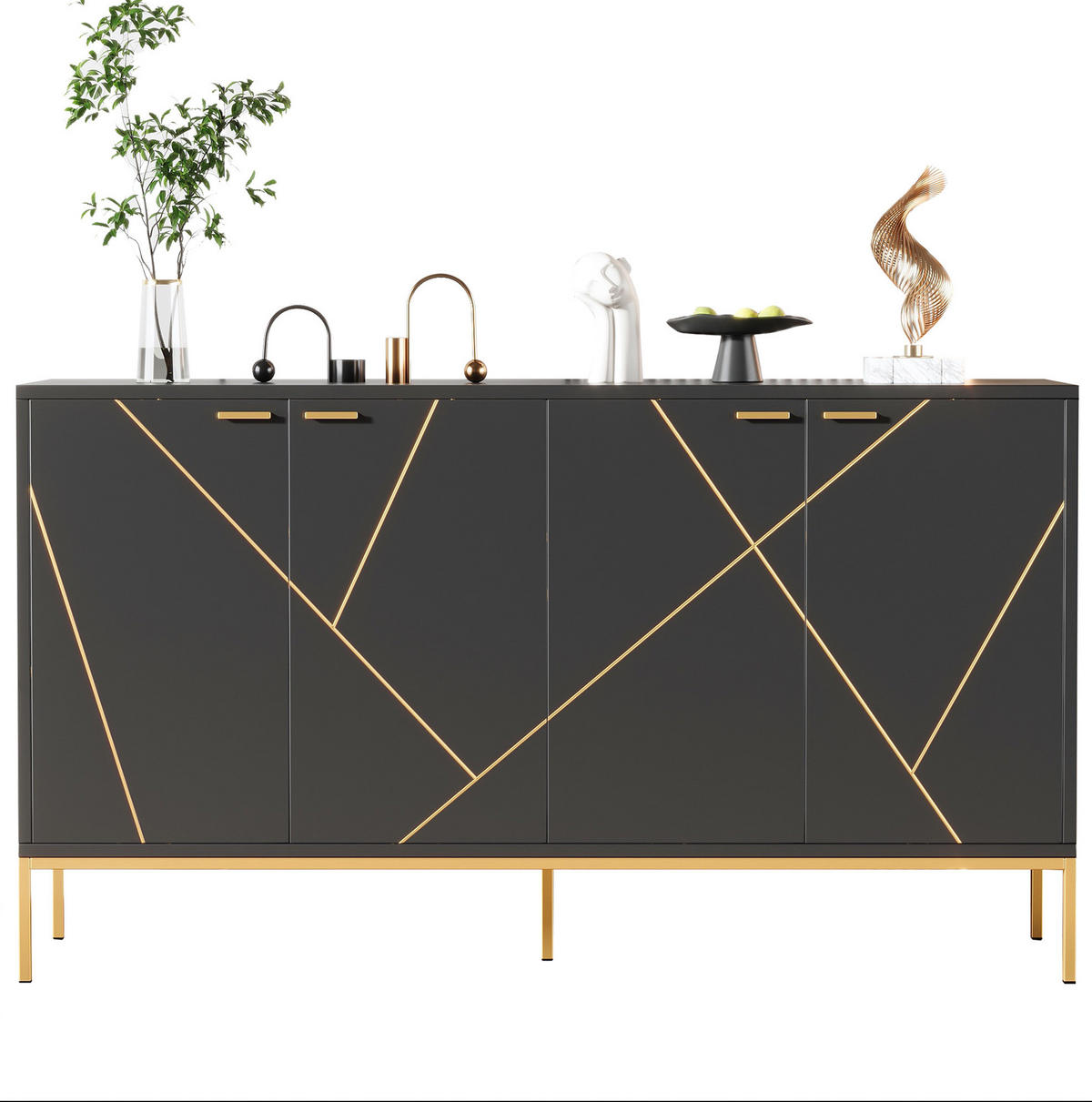 SIDEBOARD im kompakten Design mit Schubladen und Türen, platzsparend, modern und vielseitig, 150/40/80 cm, Schwarz und Gold - Schwarz, Holzwerkstoff (150/80/40cm) - Redom