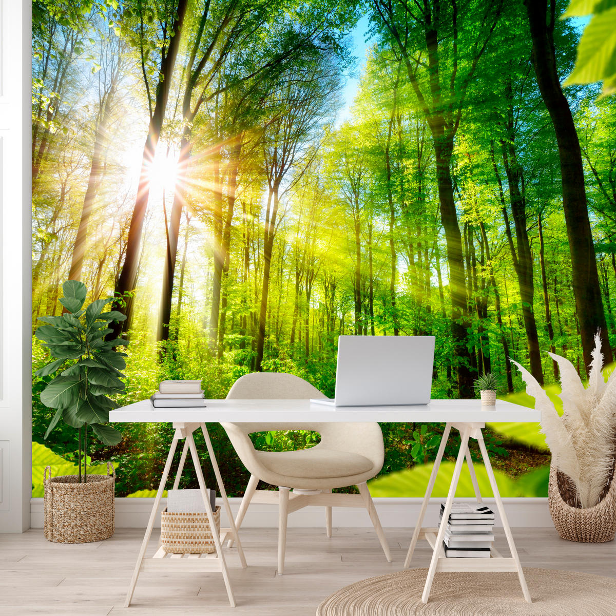 FOTOTAPETE für Wohnzimmer Sonnenaufgang zwischen Bäumen Wald 250x175 - Gelb/Grün, Papier (250/175cm) - Muralo