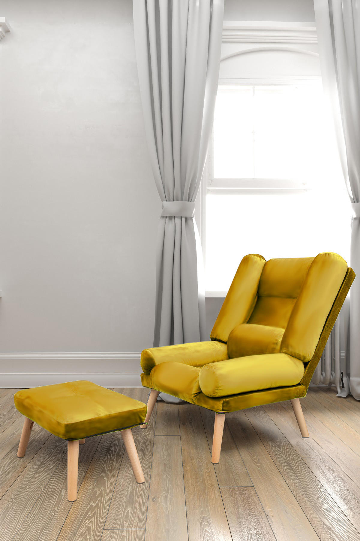SESSEL Lola mit Fußhocker Rückenlehne 5-stufig einstellbar, gelb - Gelb, Holz/Kunststoff (75/100/60cm) - Margaret Hadas24