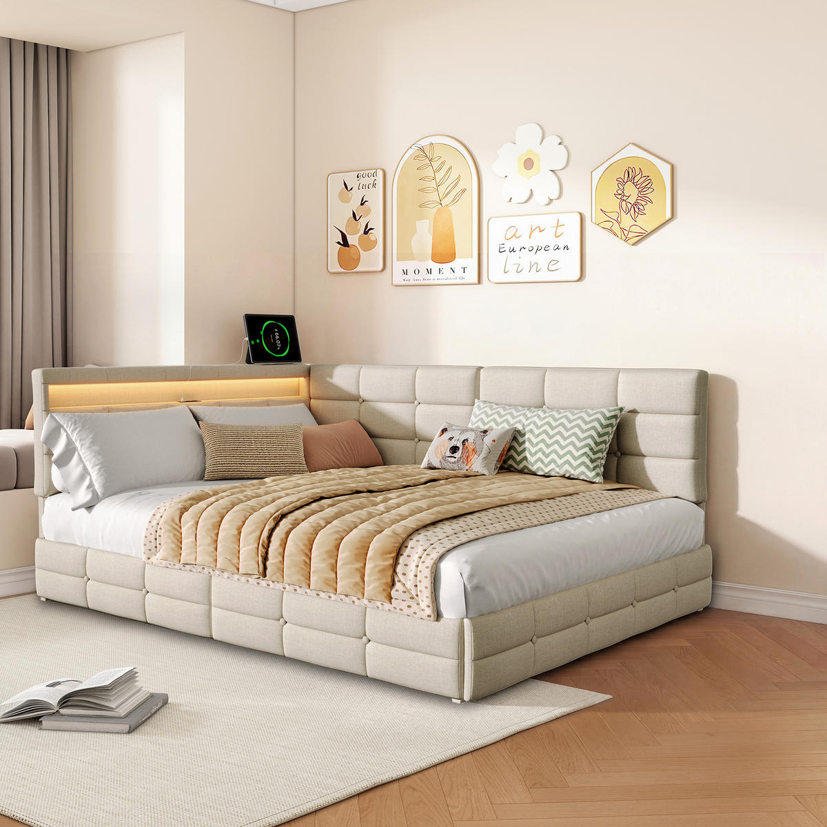 POLSTERBETT 140x190 cm Tagesbett mit 2 Schubladen, LED & USB, Doppelbett mit L-förmigem Kopfteil, Beige - Beige, Metall (140/190cm) - EuroLiving