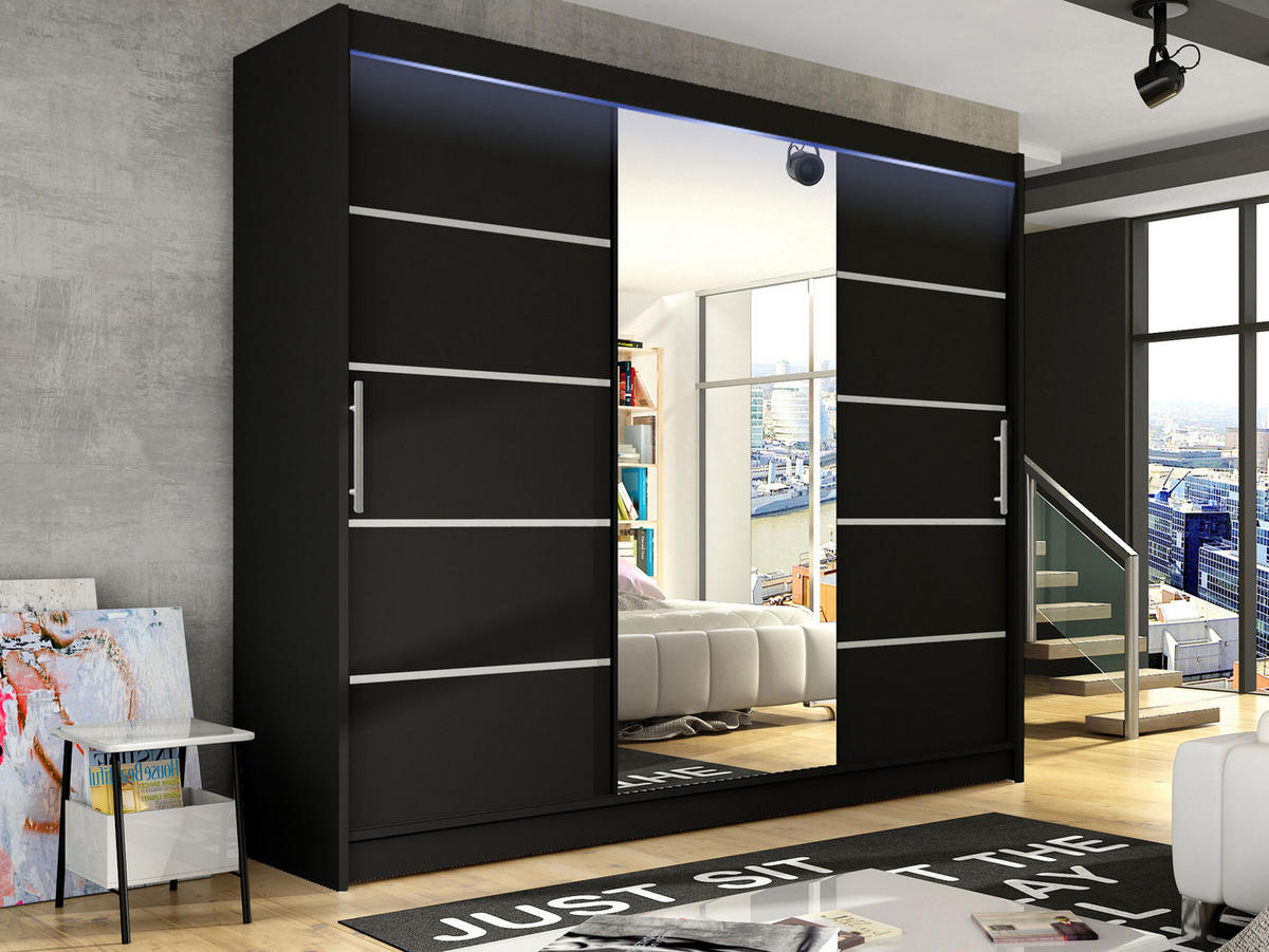KLEIDERSCHRANK Aston VI, mit RGB LED Beleuchtung - Silberfarben/Schwarz, Holzwerkstoff/Kunststoff (250/215/58cm) - MIRJAN24
