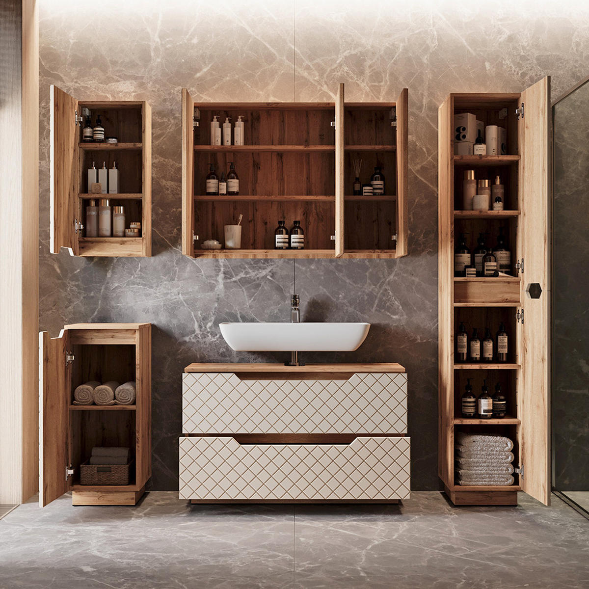 BADMÖBEL-SET Lotta Eiche/Kaschmir mit Kachelstruktur 4 Teile - Kaschmir/Eichefarben, Holzwerkstoff (99.4/62.5/32cm) - Vicco