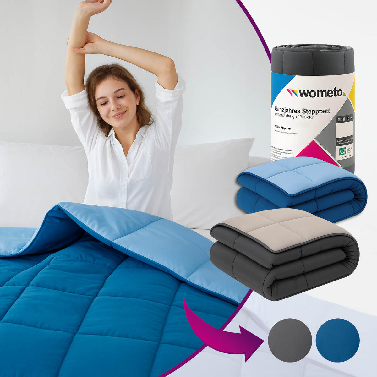 PLÜSCH Steppbett Bi-Color im Wende-Design grau 135x200 - Grau, Textil (135/200cm) - wometo