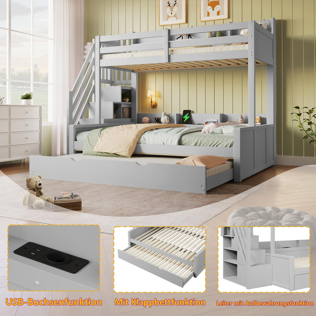 ETAGENBETT 140x200 cm mit Ausziehbett, Grau - Grau, Holz (140/200cm) - KOMHTOM
