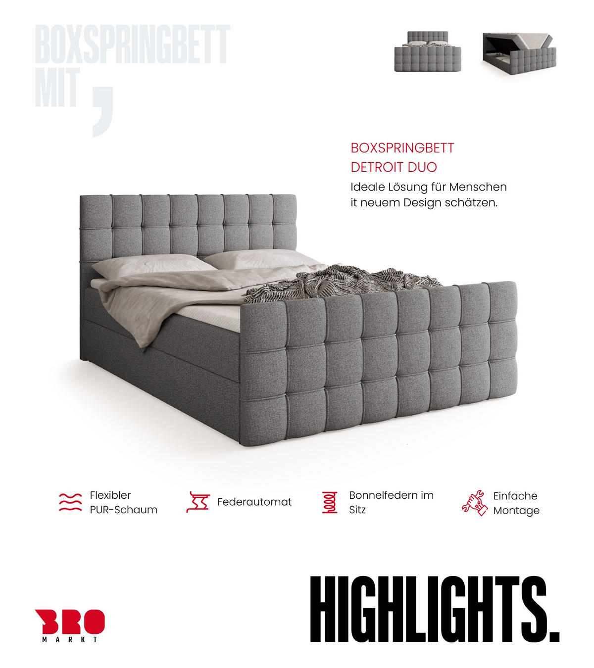 BOXBETT Detroit Duo mit Topper 160/200 Hellgrau - Hellgrau, Textil (160/200cm) - Bromarkt