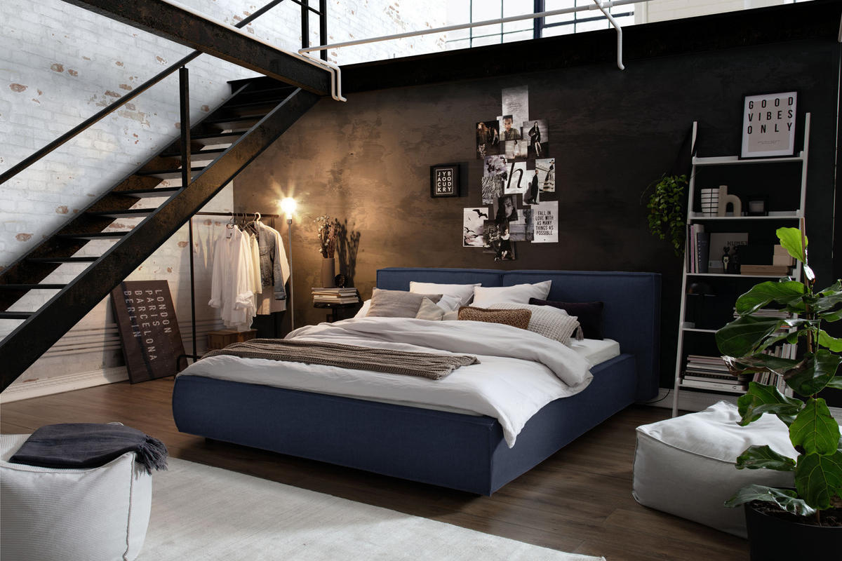 POLSTERBETT CARLO Blau Massivholz - Blau, Textil (140/200cm) - KAWOLA