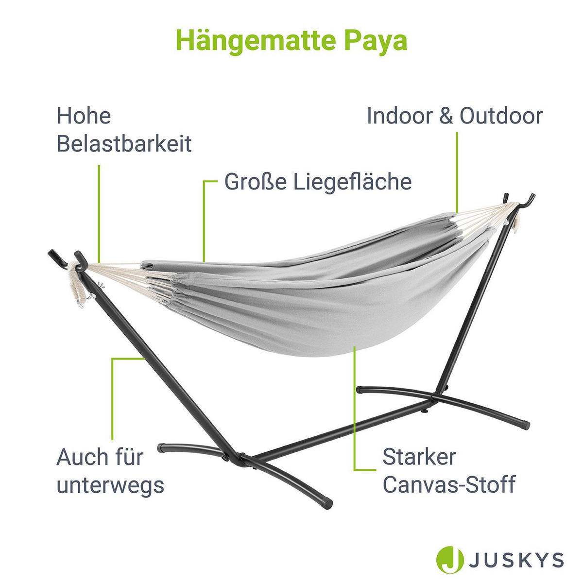 HÄNGEMATTE Paya hellgrau 281x107x96 cm - Hellgrau, Textil/Metall (109/101/279cm) - Juskys