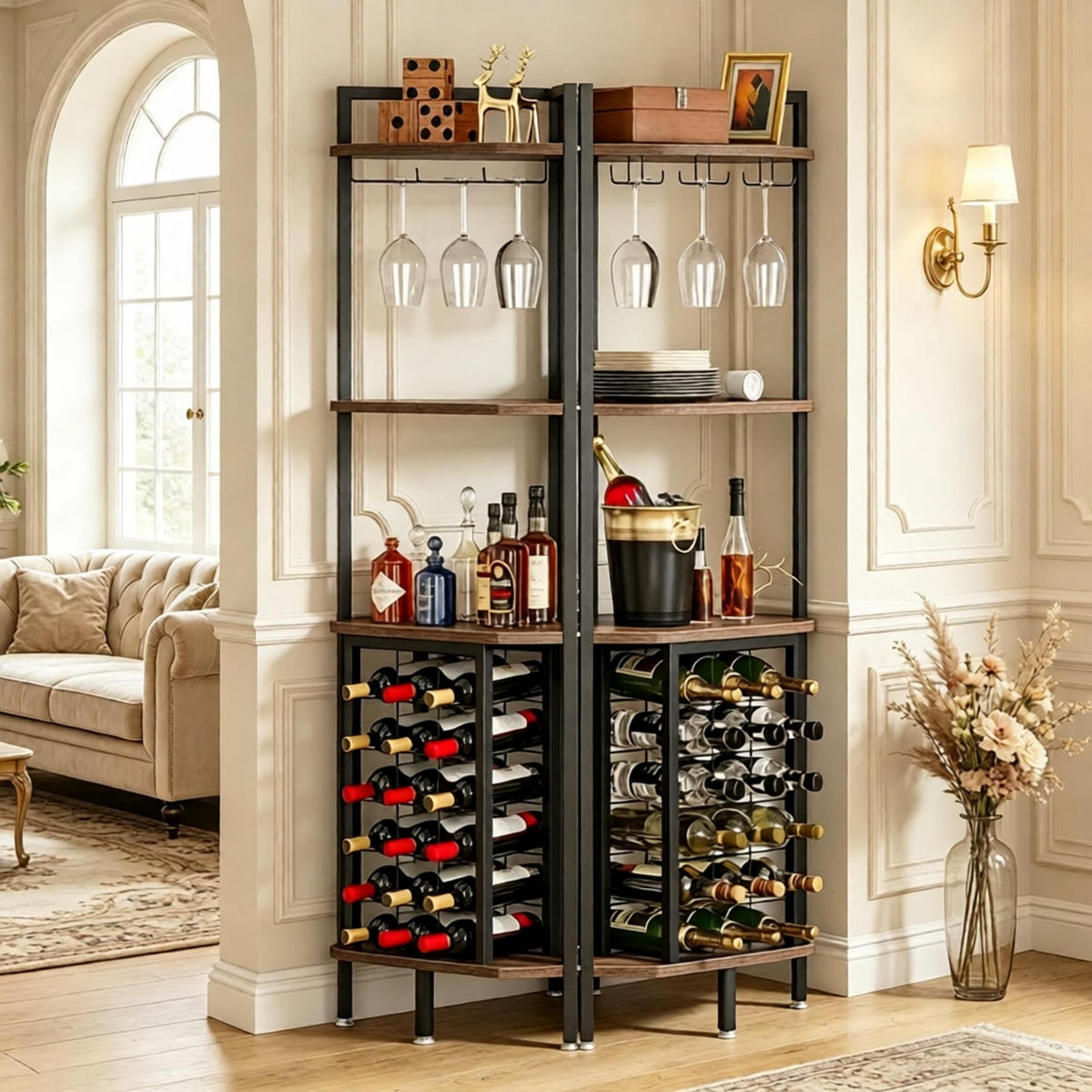 WEINREGAL 58/40/161 cm, Schwarz/Braun Metall, Mehrzweck-Ablage, Hochregal, Display-Ständer - Schwarz, Metall (58/161/40cm)