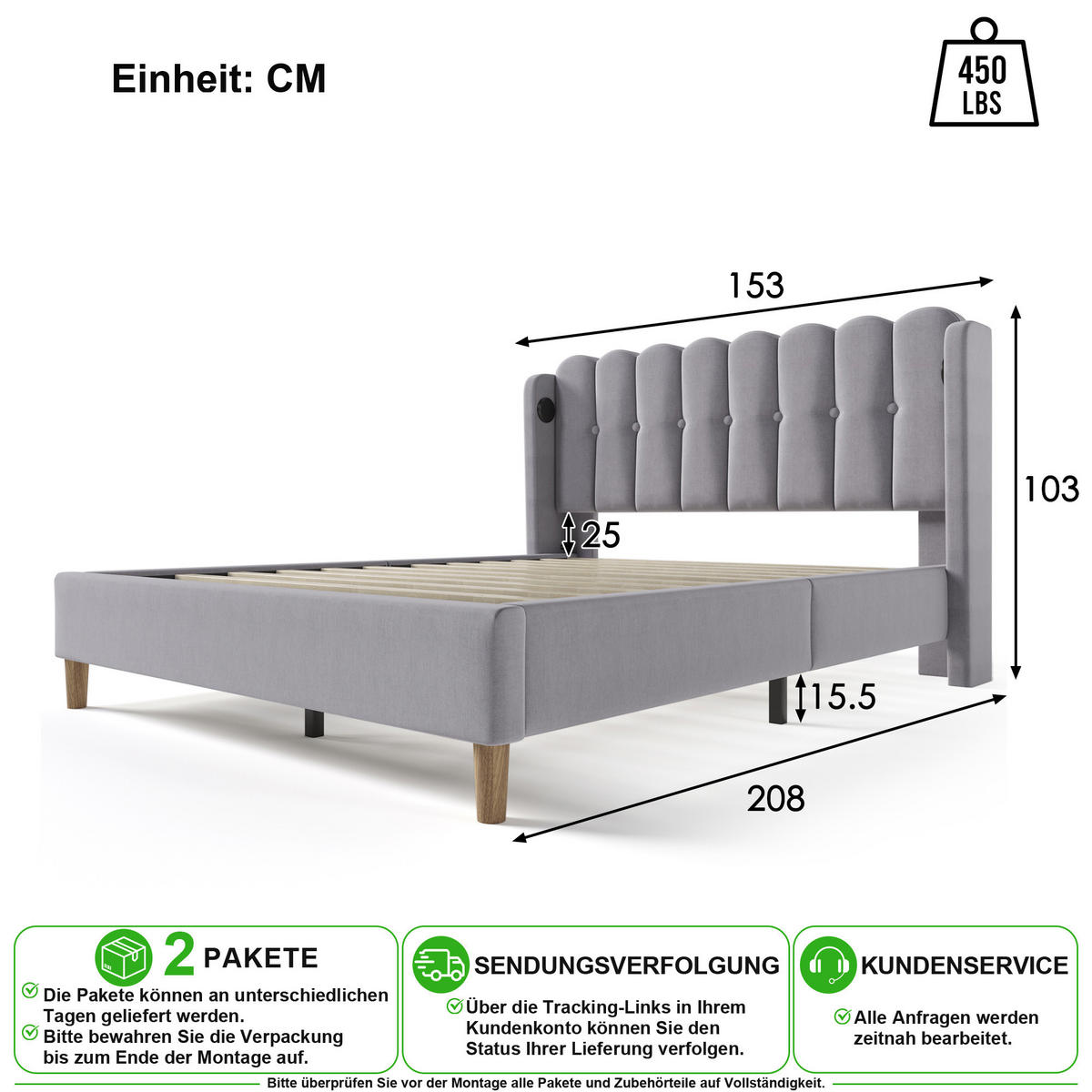 POLSTERBETT 140/200 cm in Grau mit USB und Type-C Leinen - Grau, Holzwerkstoff/Textil (140/200cm) - CHICFURN