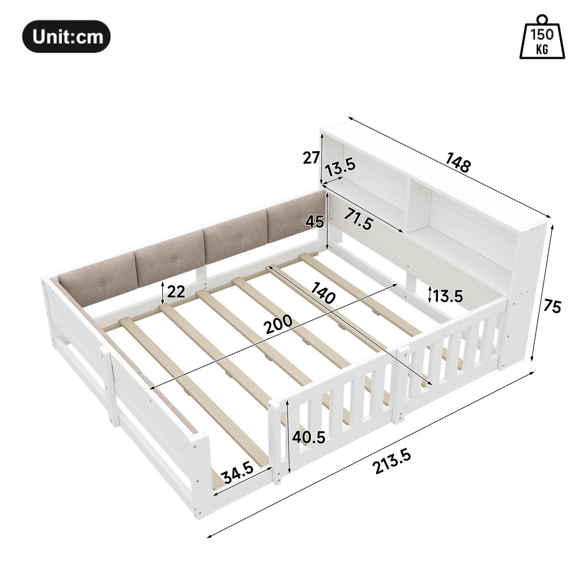FLACHBETT 140x200cm Gitter Kinderbett LED Weiß - Weiß, Holzwerkstoff (140/200cm) - FLIEKS