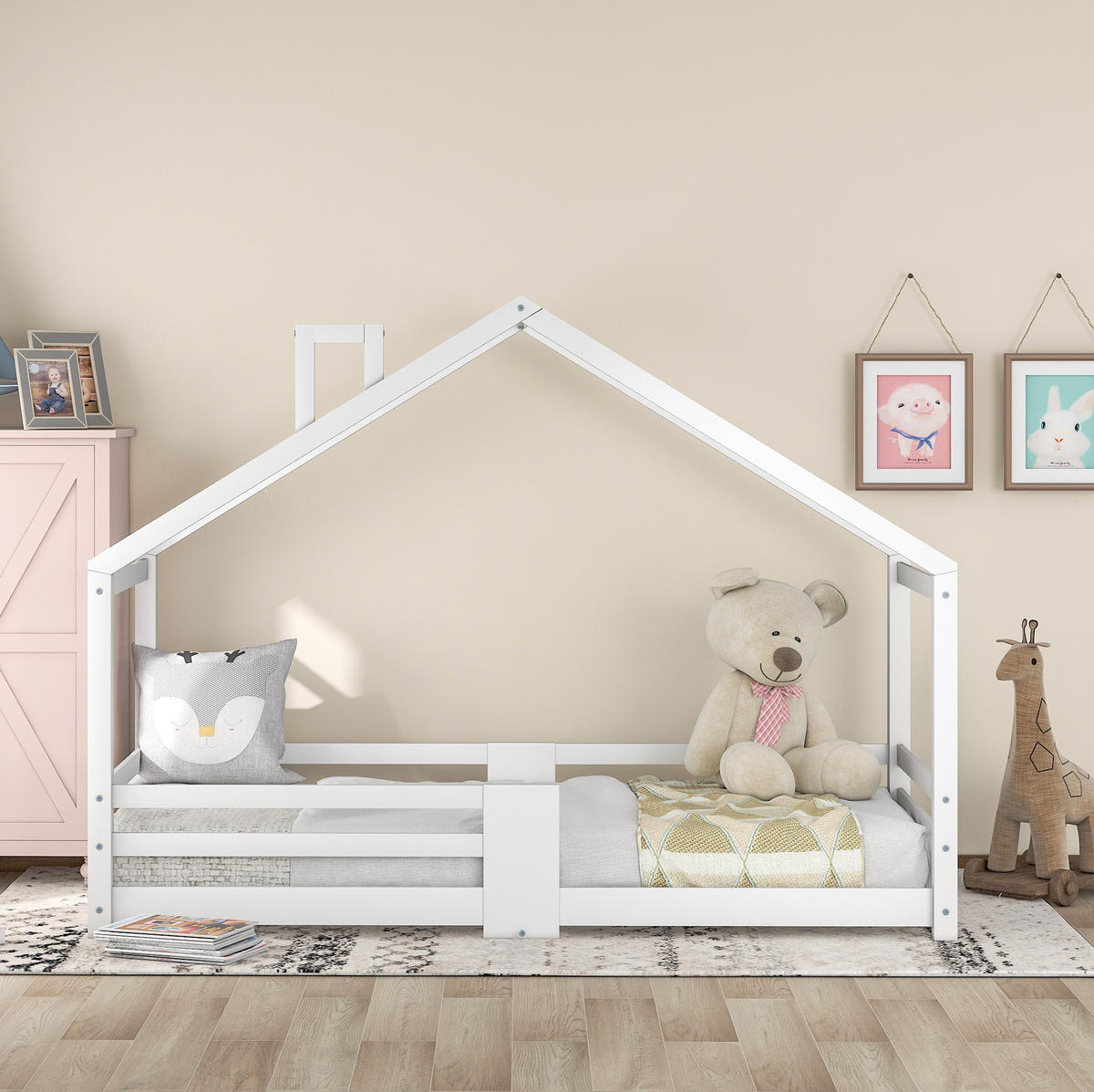 KINDERHAUSBETT 90/200 cm Weiß aus Massivholz mit Rausfallschutz - Weiß, Holz (90/200cm) - OKMYHOME