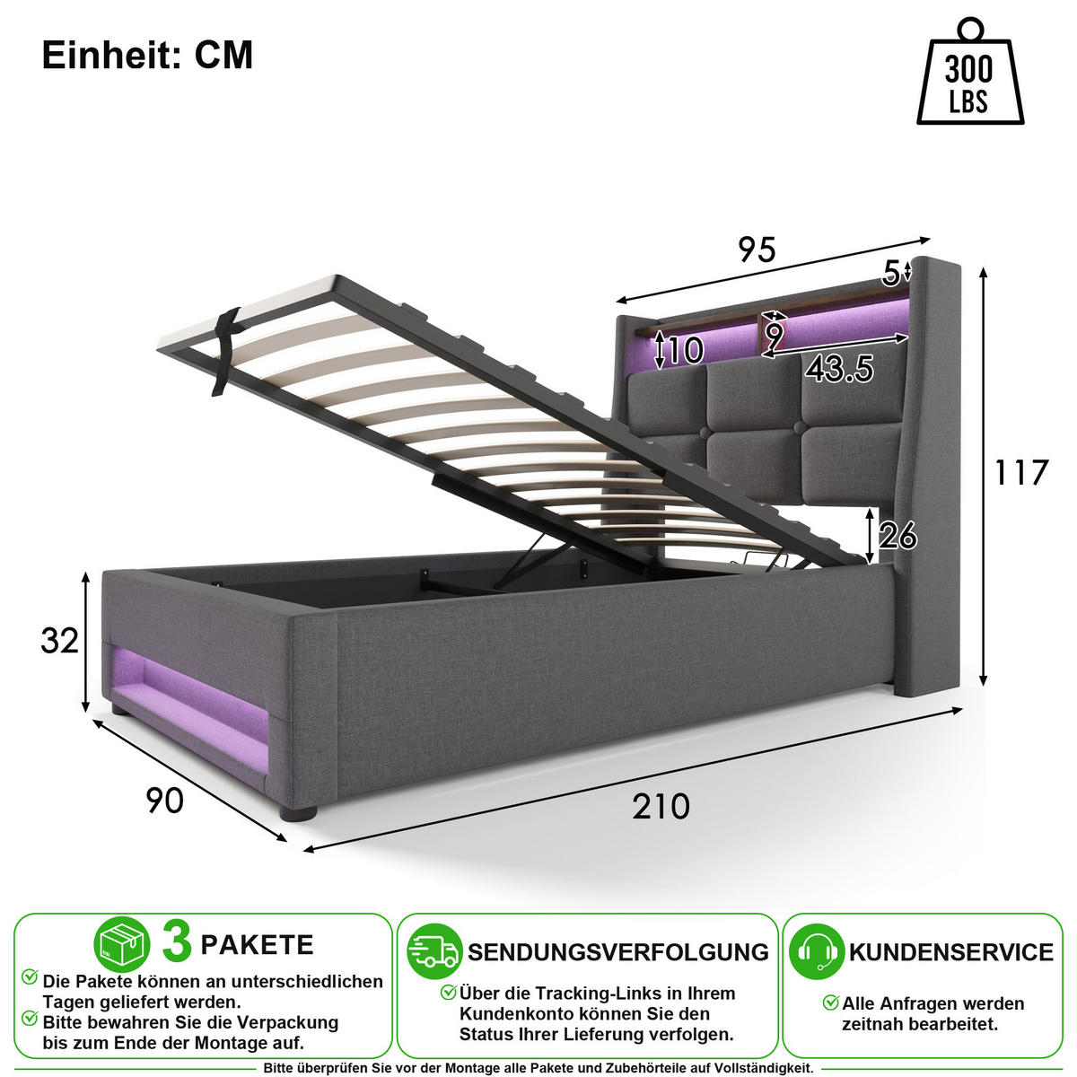 POLSTERBETT 90/200 cm in Grau Leinen mit Bettkasten, LED, USB und Matratze - Grau, Holzwerkstoff/Textil (90/200cm) - CHICFURN